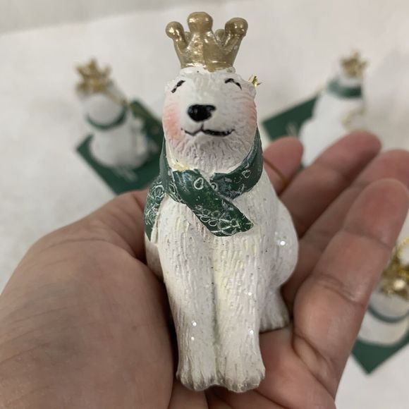 5 Christmas Tree Ornaments Fox Bear Owl with Crowns Ceramic White Green Gold Lot - Picture 3 of 16